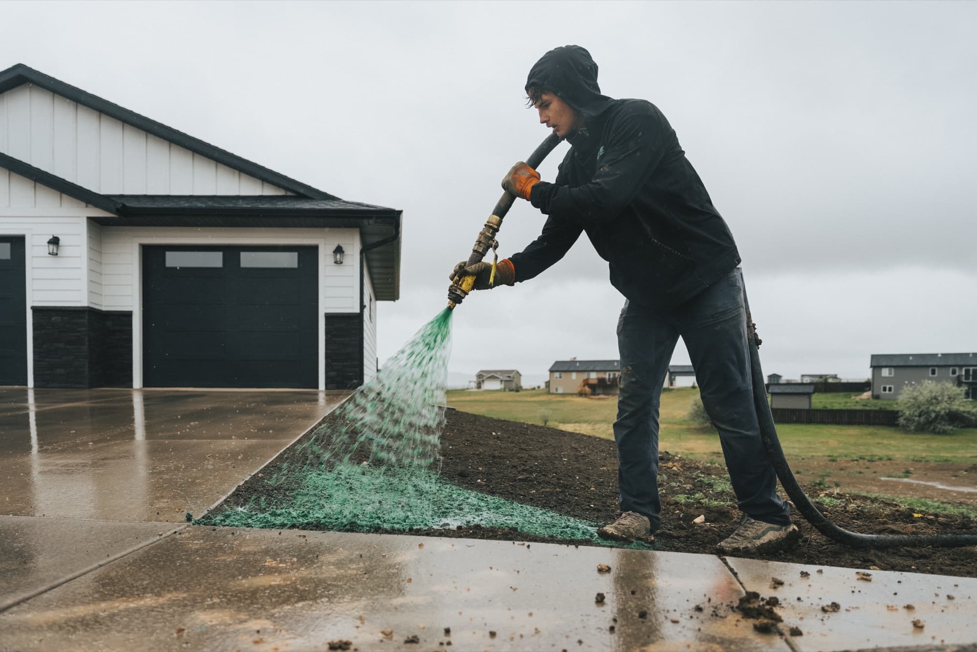 Worker spraying green mixture onto soil beside a driveway